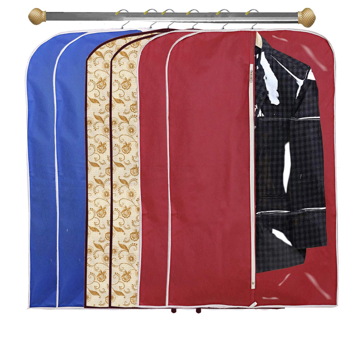 Kuber Industries 6 Pieces Half Transparent Non Woven Men's Coat Blazer Suit Cover (Maroon & Brown & Royal Blue) -CTKTC41570