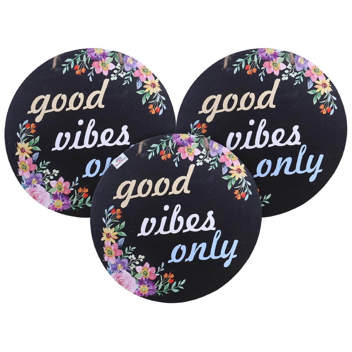 Heart Home Wall Hanging Quotes|Mdf Wooden Round Shaped Floral Print Plates For Kids Bedroom,Hall Entrance,Office,Pack of 3 (Black)