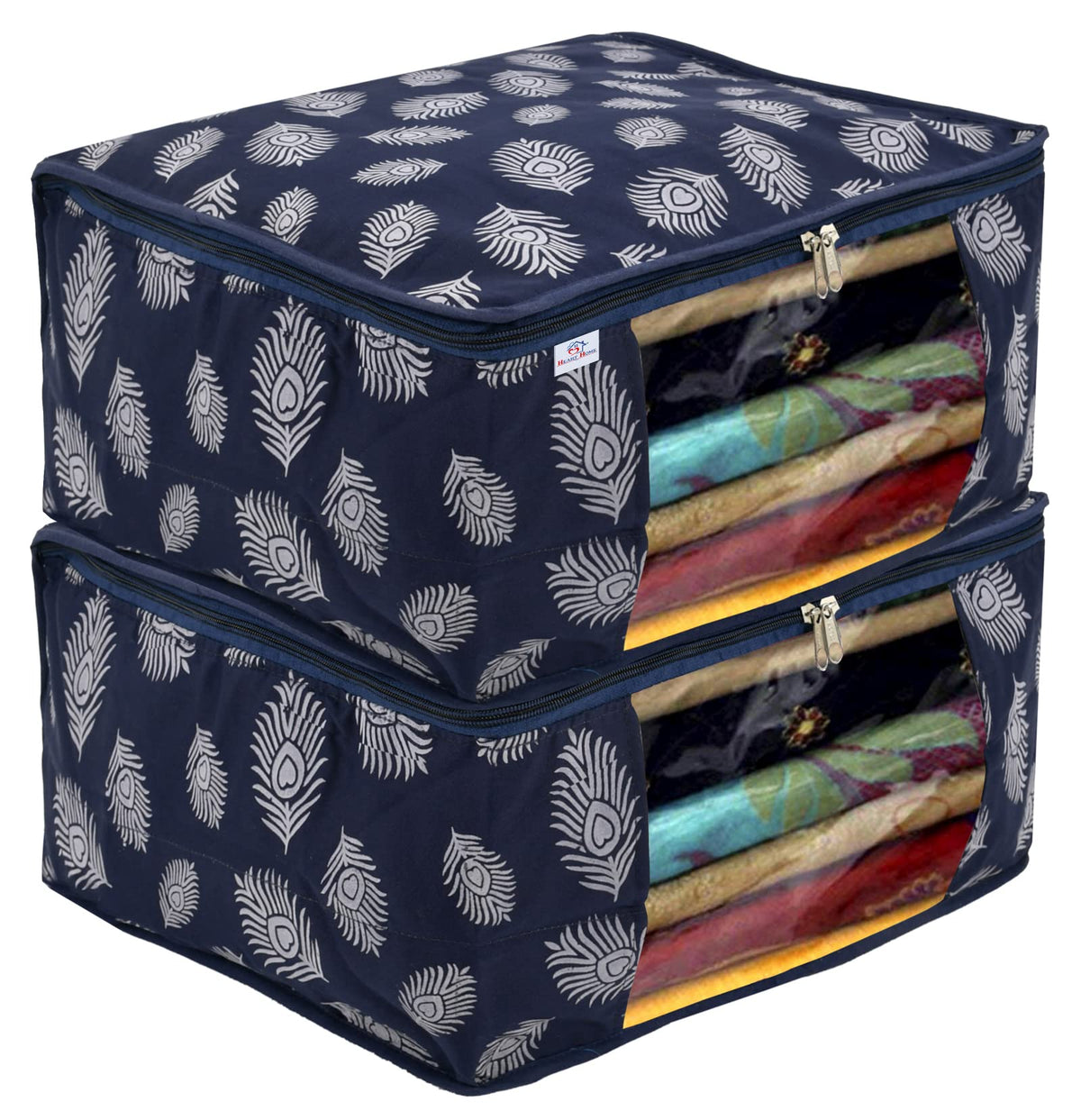 Heart Home Leaf Printed Saree Cover With Transparent Window, Pack of 2 (Navy Blue)