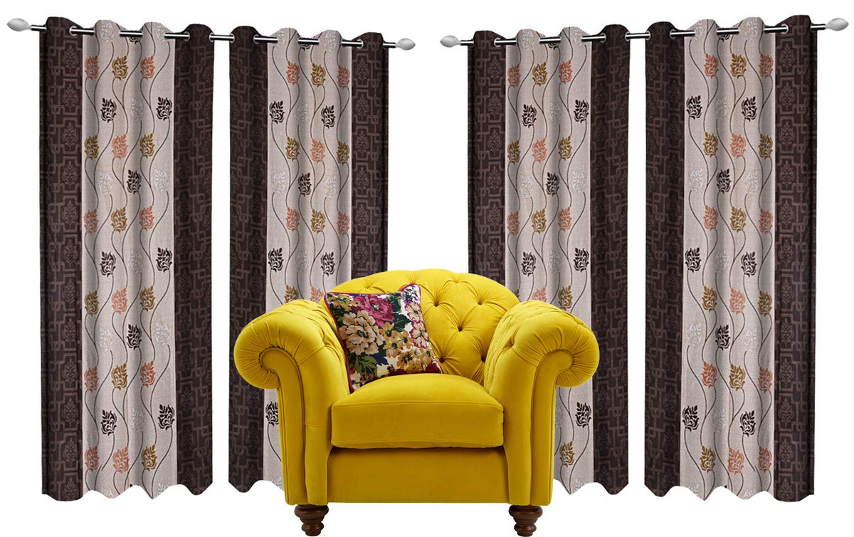 Kuber Industries Floral Design 4 Pieces Polyester Eyelet Door Curtain 7 Feet (Coffee)-CTKTC30192
