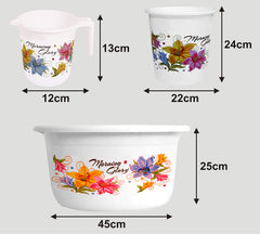 Heart Home Printed 3 Pieces Plastic Mug, Dustbin & Tub Set (White)