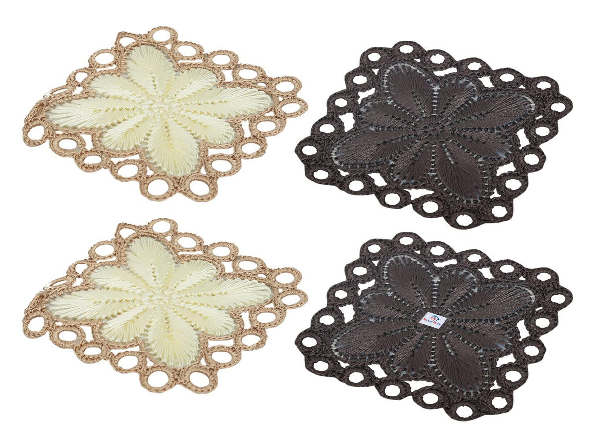 Heart Home Flower Design Square Cotton Coasters, Set of 4 (Brown & Cream)