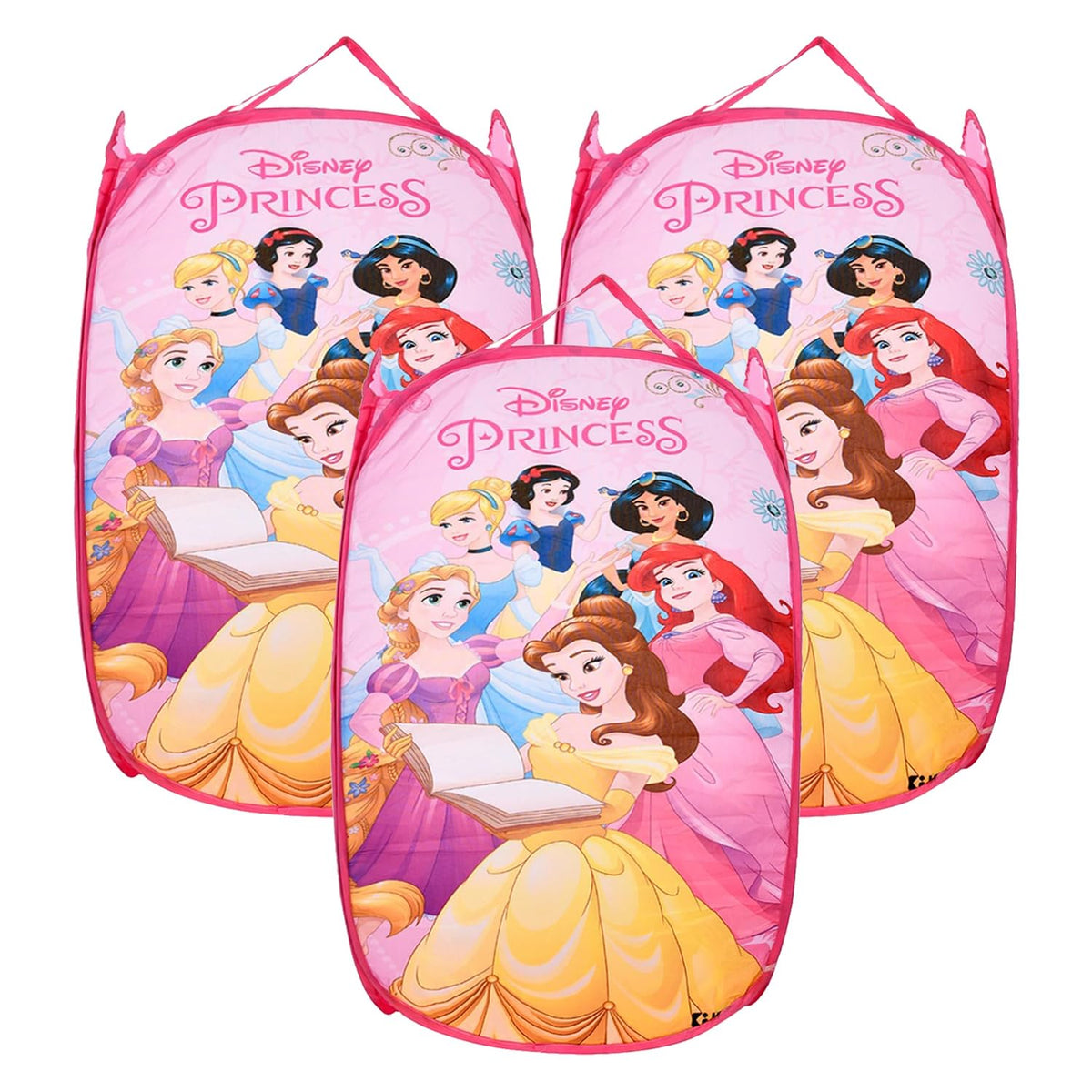 Heart Home Laundry Basket | Disney Princess Net Foldable Laundry | Nylon Storage Basket with Handle | Basket for Toy Storage | 30 LTR | Pack of 3 | Pink