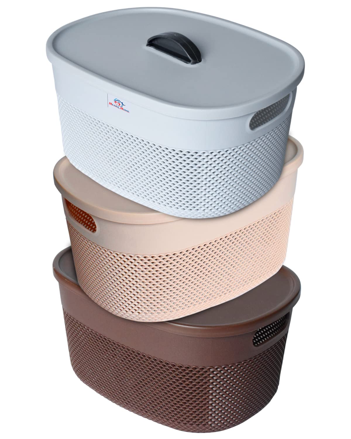 Heart Home Unbreakable Small Multipurpose Storage Baskets with lid|Design-Netted|Material-Plastic|Shape-Oval|Color-Brown,Beige and Grey|Pack of 3