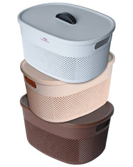 Heart Home Unbreakable Small Multipurpose Storage Baskets with lid|Design-Netted|Material-Plastic|Shape-Oval|Color-Brown,Beige and Grey|Pack of 3