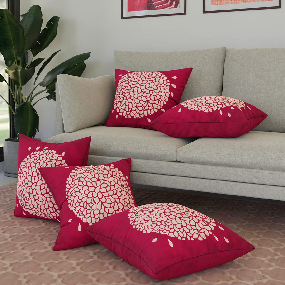 Kuber Industries Cushion Cover | Sofa Cushion Covers | Square Cushion Covers | Velvet Cushion Covers | Gold Print Couch Cushion Covers | Set of 5 | 16 Inch | Pink