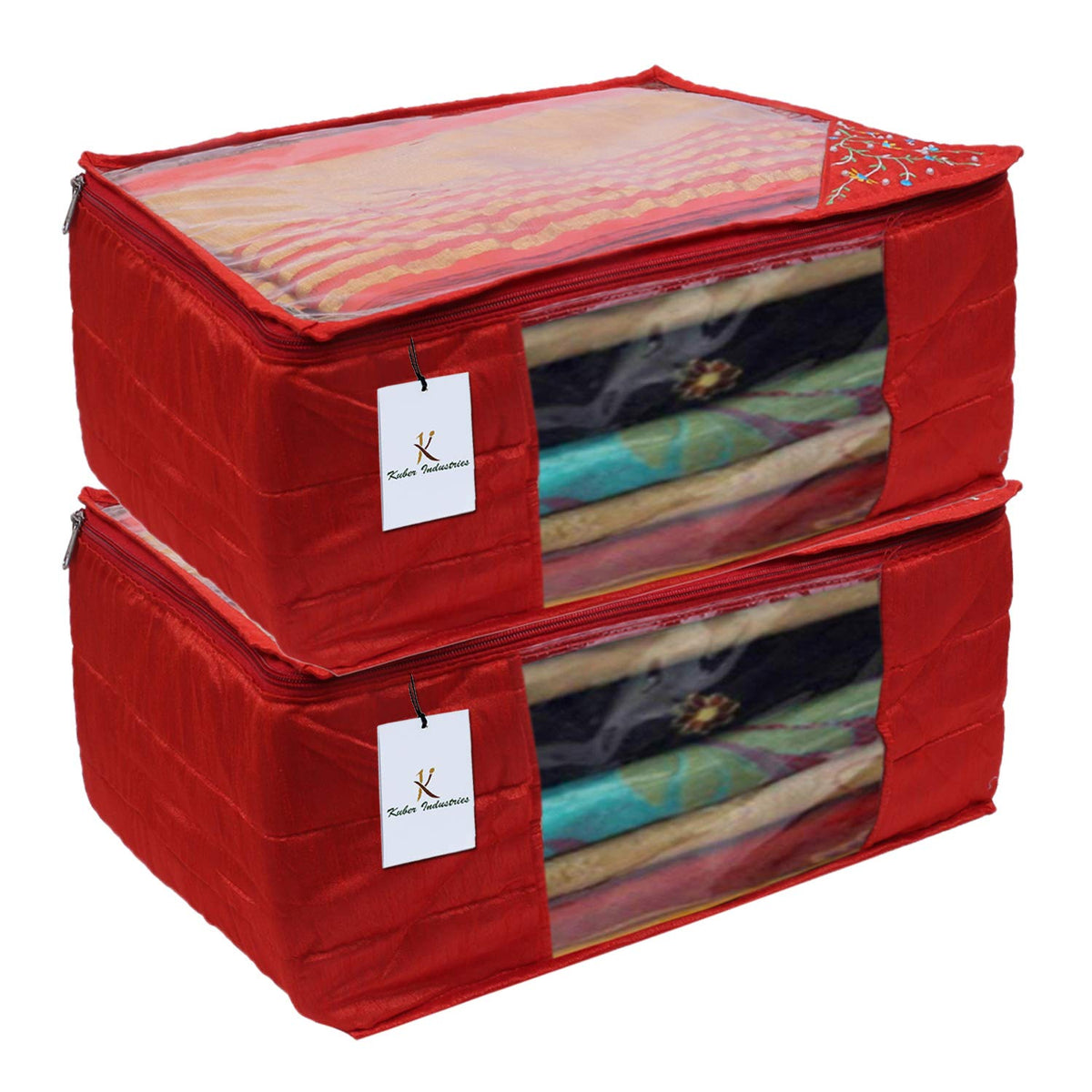 Kuber Industries 3 Layered Quilted Silk 2 Pieces Saree Cover (Red) -CTLTC10623