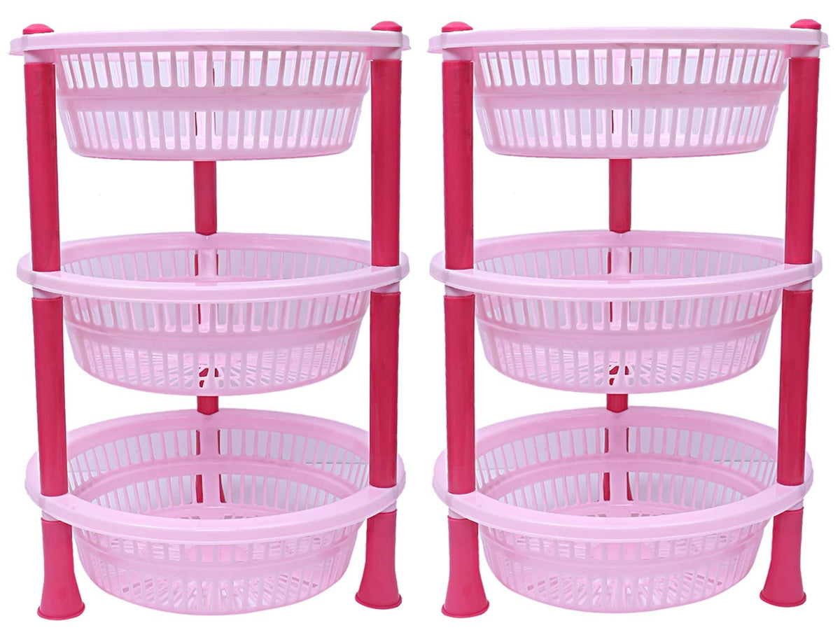 Kuber industries Plastic 2 Pieces 3 Layer Multi-Purpose Kitchen Storage Basket Rack (Pink)-CTKTC25192