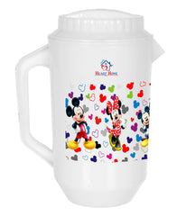 Heart Home Multiuses Mickey & Friends Print Leak Proof Unbreakable Plastic Water Jug with Lid for Water, Juice, Milk 2 Liter Pack of 2 (White)