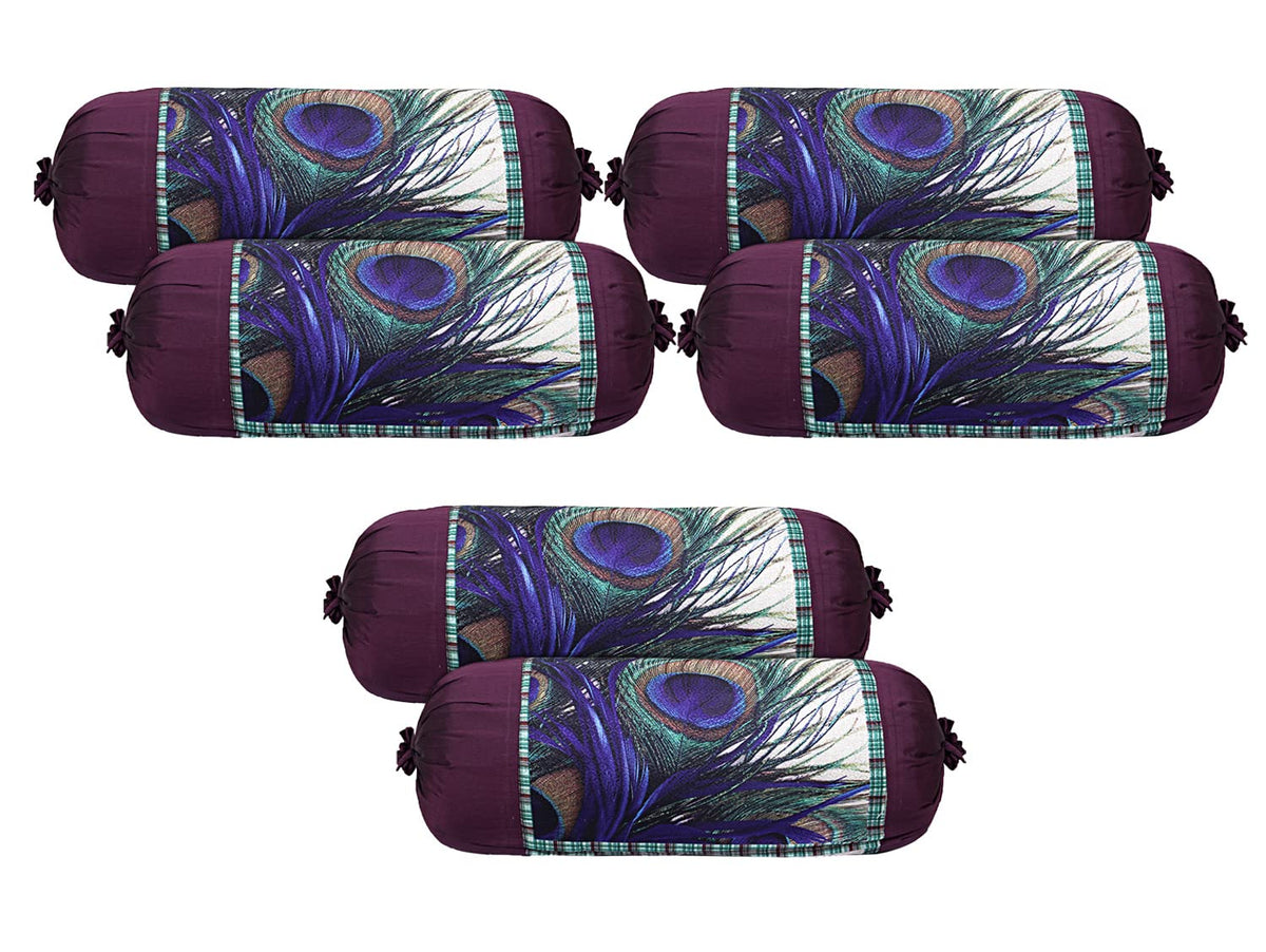 Kuber Industries Bolster Cover|Polyester Bolster Cover Set|Diwan Round Bolster Pillow Covers|Luxurious Peacock Feather Print Roll Masand Cover|Pack of 6 (Cream)