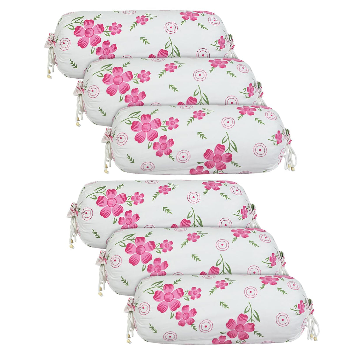 Heart Home Bolster Covers | Soft Cotton Bolster Cover Set | Bolster Pillow Covers | Pink Circle Flower Roll Masand Cover | Long Pillow Case | 16x32 Inch | Pack of 6 | White