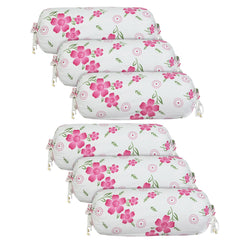 Heart Home Bolster Covers | Soft Cotton Bolster Cover Set | Bolster Pillow Covers | Pink Circle Flower Roll Masand Cover | Long Pillow Case | 16x32 Inch | Pack of 6 | White