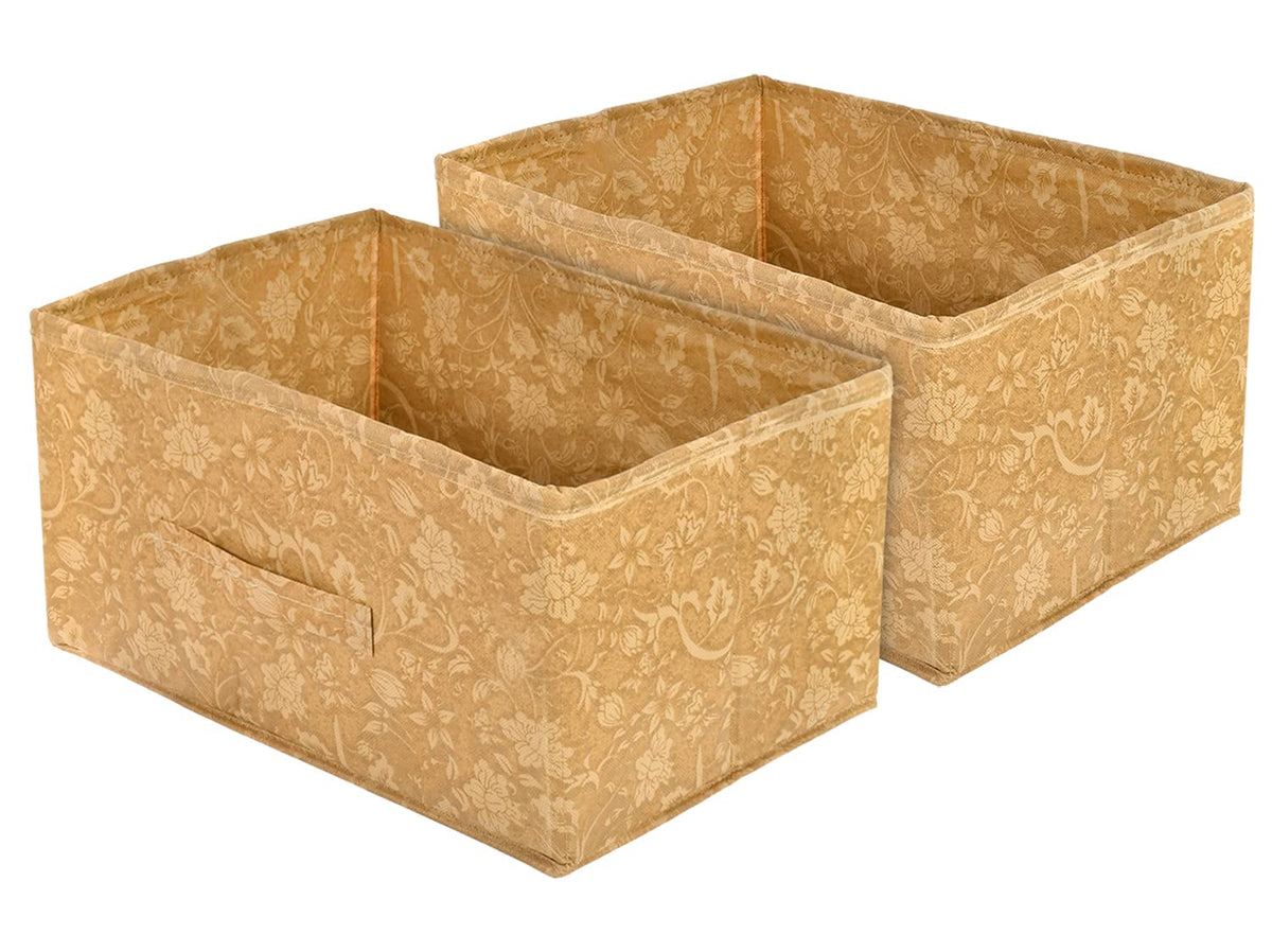 Heart Home Metallic Flower Printed Multipurposes Rectangular Flodable Storage Box, Drawer Storage and Cloth Organizer- Pack of 2 (Brown)-HS43HEARTH26323