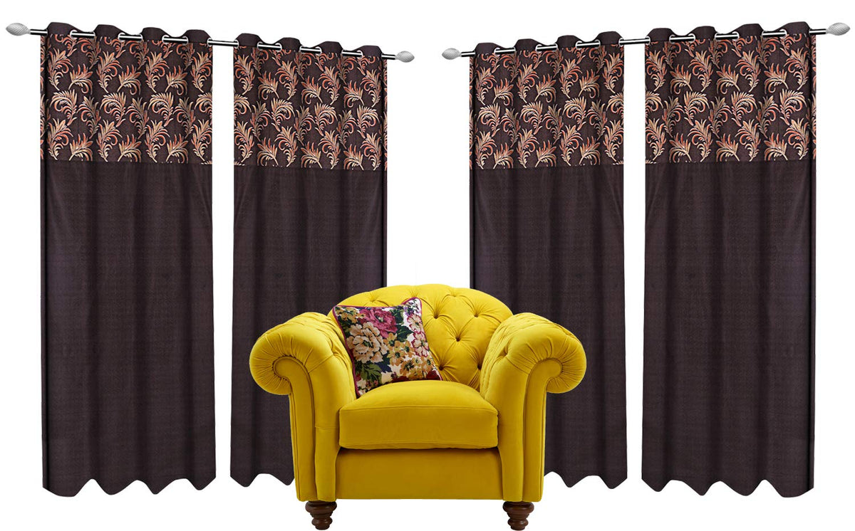 Kuber Industries Leaf Design 4 Pieces Polyester Eyelet Door Curtain 7 Feet (Coffee)-Ctktc030214