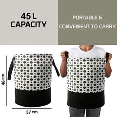 Kuber Industries Waterproof Round Laundry Bag/Hamper|Foldable Bin & 45 Liter Capicity|Size 37 x 37 x 49, Pack of 1(Black & White),Canvas