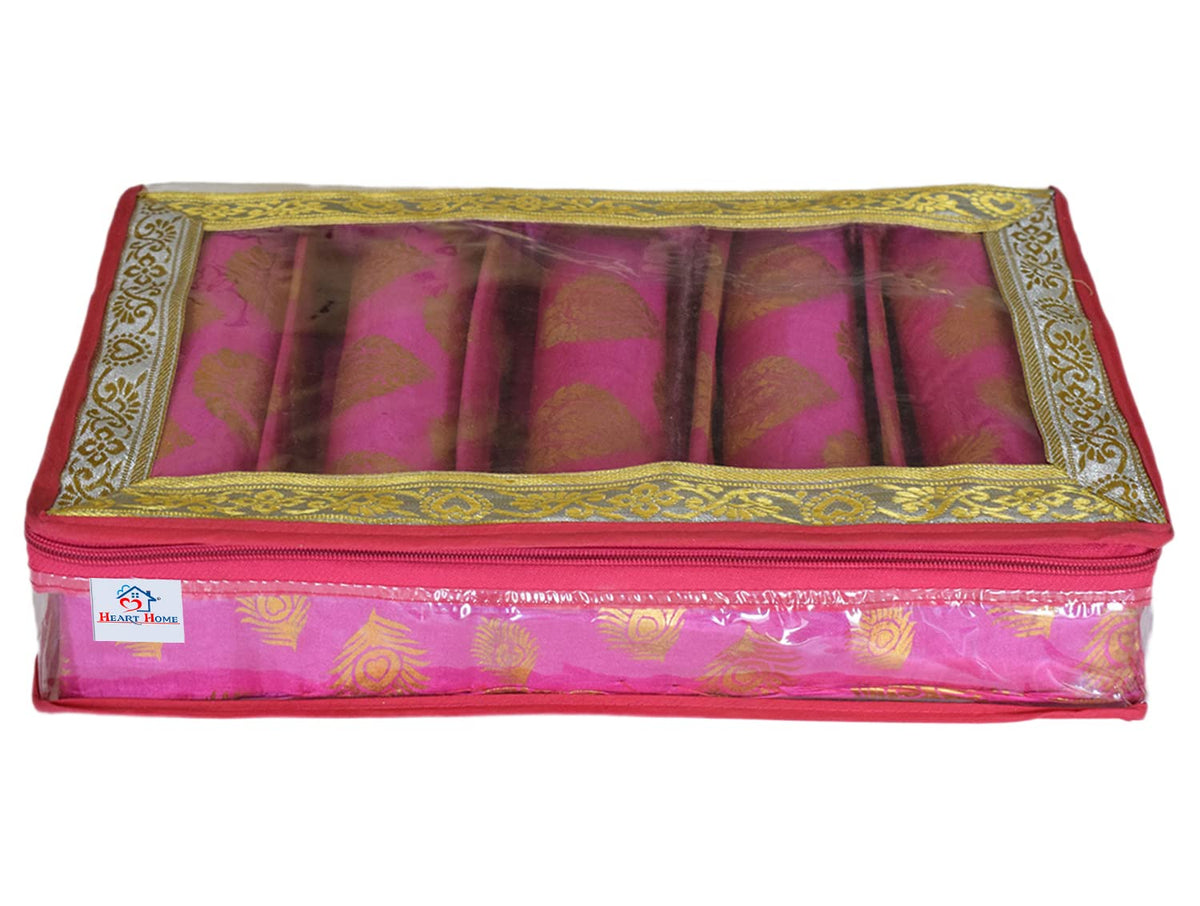Heart Home Multipurpose Feather Design Laminated 5 Rod Bangle Box/Organizer/Case With Tranasparent Top (Pink)-47HH0233