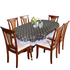 Kuber Industries Leaf Printed Oval Shape PVC Spillproof, Waterproof, Antislip, Wipe Clean 6 Seater Table Cover with White Lace Border, 60"x90" (Brown & Black)