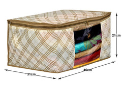 Heart Home Tartan Design Non-woven Sarees, Clothes Cover/Organizer With Transparent Window- Pack of 12 (Beige)-44HH0376