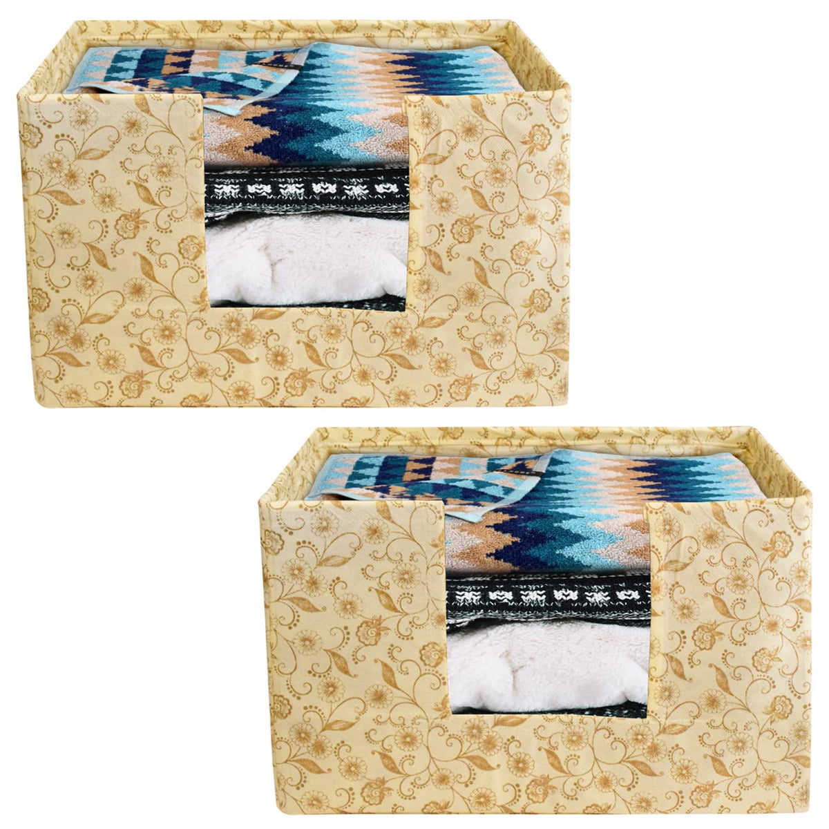 Heart Home Metallic Flower Printed Multiuses Non-Woven Closet Organizer, Storage Bin, Shelf Storage Oragnizer With Handle- Pack of 2 (Ivory)-HS43HEARTH26369