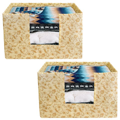 Heart Home Metallic Flower Printed Multiuses Non-Woven Closet Organizer, Storage Bin, Shelf Storage Oragnizer With Handle- Pack of 2 (Ivory)-HS43HEARTH26369