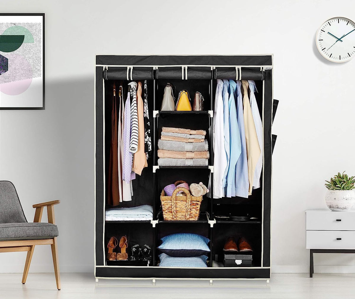 Urbane Home Foldable Wardrobe for Clothes|Non Woven 2 Door Portable Clothes Rack|6 Shelves Almirah for Clothes (Black)
