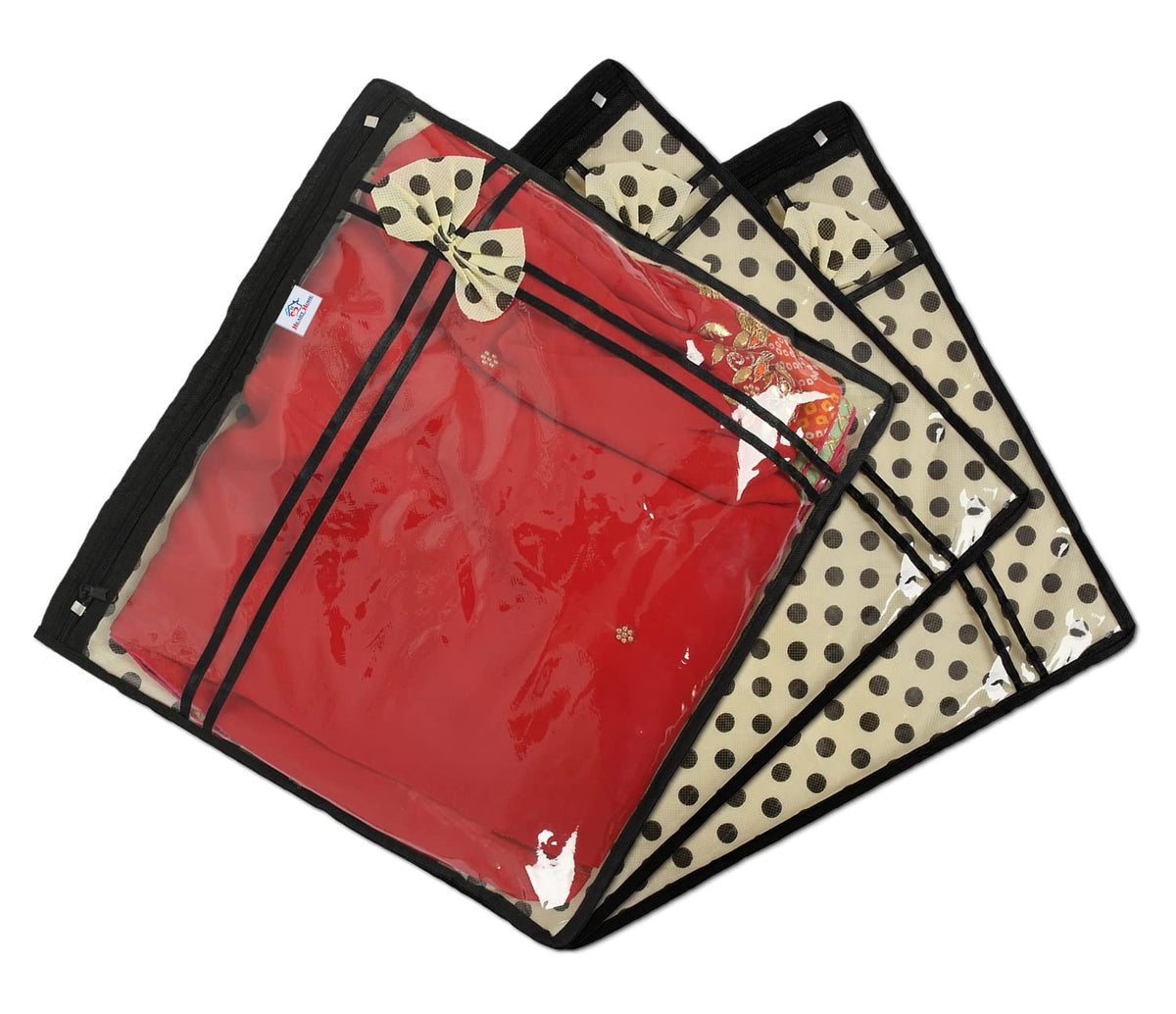 Heart Home Dot Print Non-Woven Single Saree cover For Store Saree, Lehenga, Suit With Transparent Top,Pack of 3 (Cream) 54HH4150.