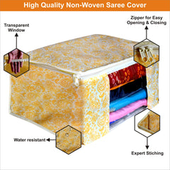 Homestic Set of 6 Foldable Non Woven saree covers with Zip|Saree & Clothes Organiser for wardrobe |Transparent Window With Premium Zipper|Suitable for Lehenga, Suit, Dress (Gold)