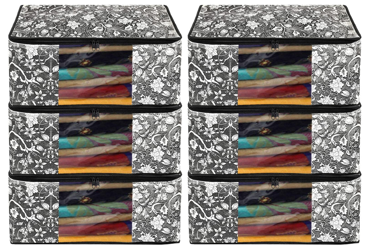 Heart Home Flower Design Non-woven Sarees, Clothes Cover/Organizer With Transparent Window- Pack of 6 (Grey & Cream)-44HH0356