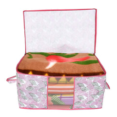 Kuber Industries Non Woven Fabric Metallic Leafy Print Foldable Clothes Storage Bag Wardrobe Organizer for Comforters, Blankets, Bedding with Sturdy Zipper, Clear Window (Pink, 65 Cm X 45 Cm X 31 Cm)