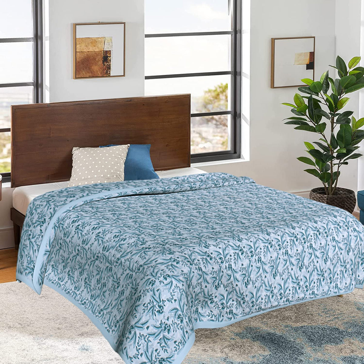 Heart Home Cotton Soft Lightweight Tropical Plant Design Reversible Single Bed Dohar | Blanket | AC Quilt for Home & Travel (Sky Blue)