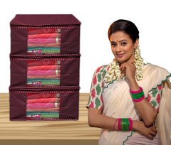 Homestic Set of 3 Foldable Non Woven saree covers with Zip|Saree & Clothes Organiser for wardrobe |Transparent Window With Premium Zipper|Suitable for Lehenga, Suit, Dress (Maroon)