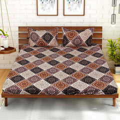 Kuber Industries Fitted Double Bedsheet|Glace Cotton Rangoli Print Bedsheet with 2 Pillow Covers for Living Room|Bedroom|6x6 Feet (Brown)