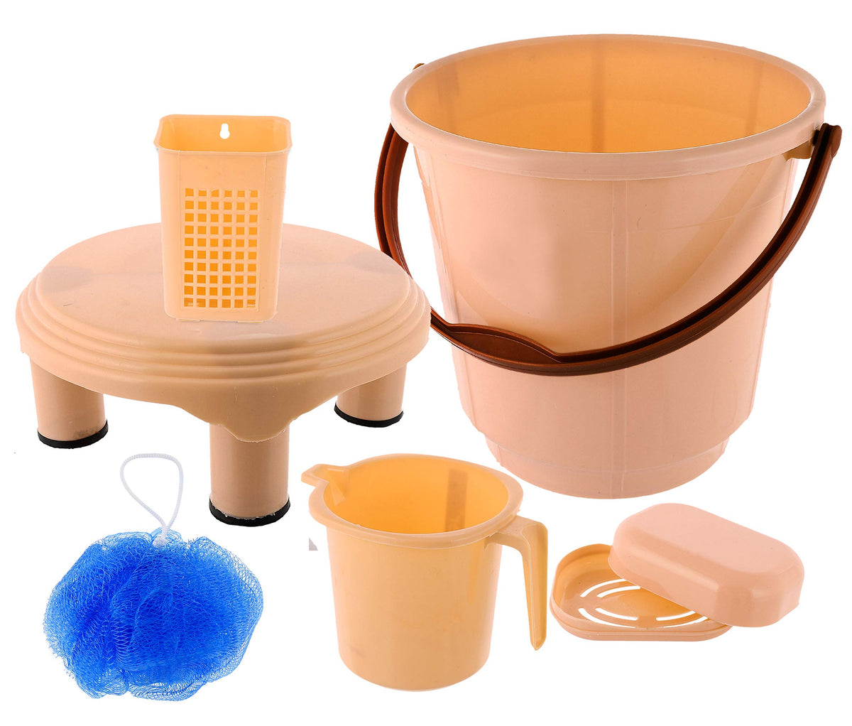 Kuber Industries Plastic Bathroom Set of 6 Pieces with Bucket, Mug, Stool,Tooth Brush Stand, Soap case & Juna Set (Blue)-KUBMART15277
