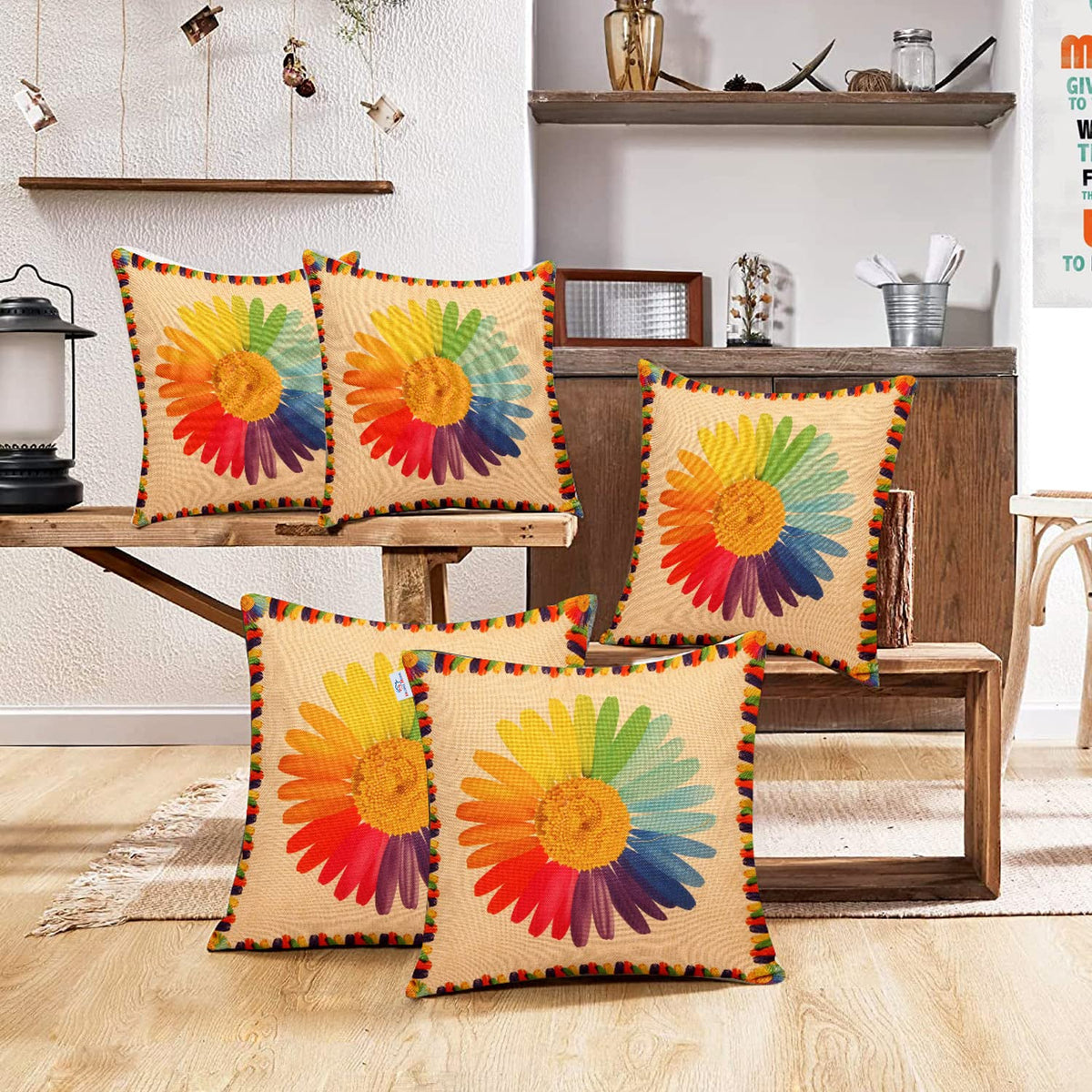Heart Home Cushion Cover|Sofa Cushion Covers|Sun Flower Print Sitting Cushion Cover|Polyester Cushion Filler|16x16 Inch|Set of 5 (Multicolor)