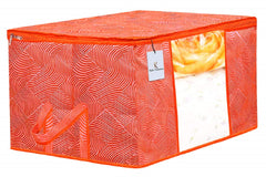 Kuber Industries Leheriya Printed 2 Piece Non Woven Fabric Underbed Storage Bag,Cloth Organiser,Blanket Cover with Transparent Window, Orange & Blue -CTKTC41070, Standard