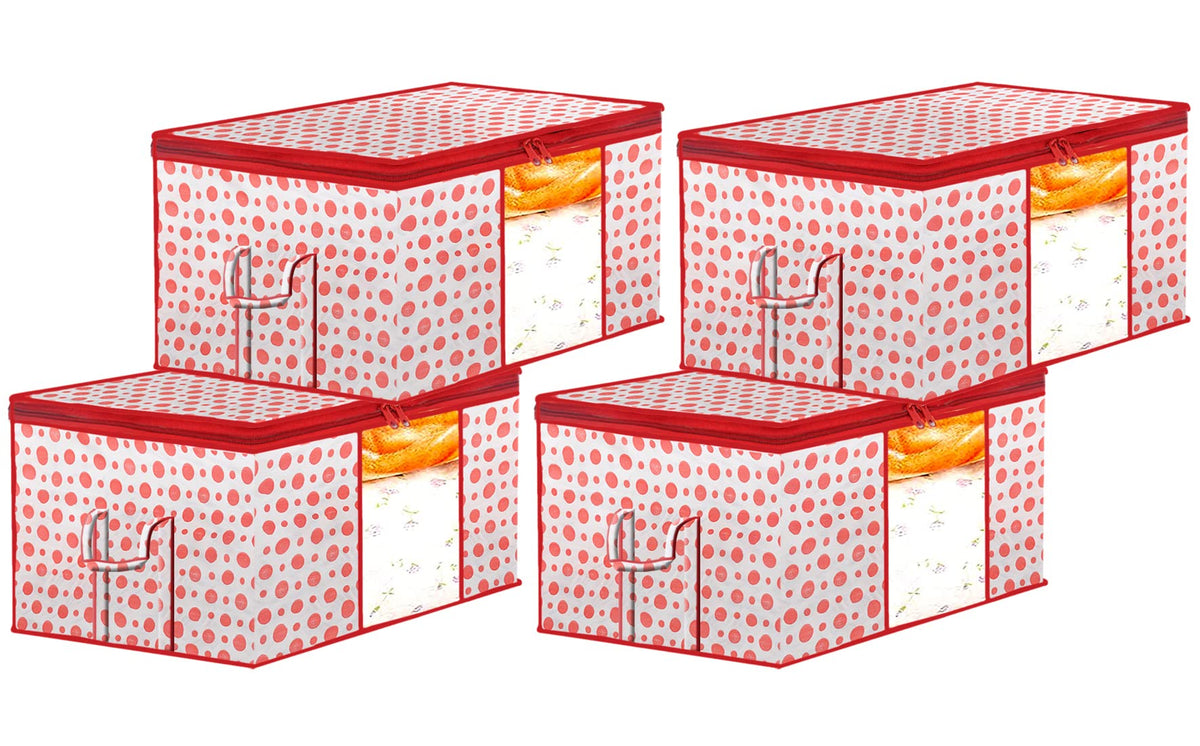 Kuber Industries Dot Printed Multiuses Non Woven Underbed/Storage Bag/Organizer With Transparent Window & Handle Pack of 4 (Pink)-46KM0595