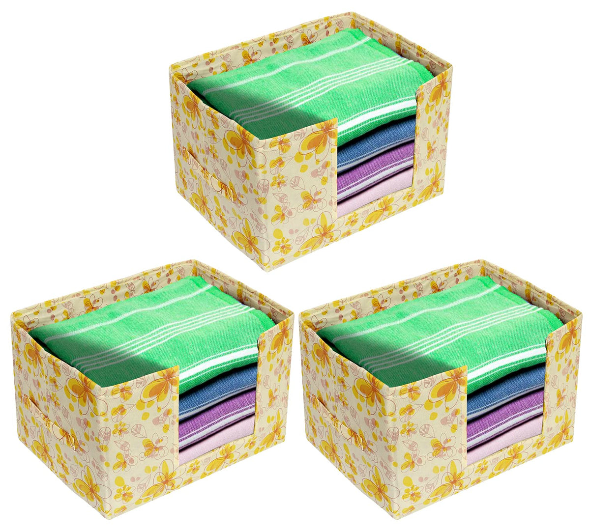 Heart Home Flower Printed Multiuses Non-Woven Closet Organizer, Storage Bin, Shelf Storage Oragnizer With Handle- Pack of 3 (Yellow)-HS43HEARTH26393