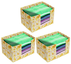 Heart Home Flower Printed Multiuses Non-Woven Closet Organizer, Storage Bin, Shelf Storage Oragnizer With Handle- Pack of 3 (Yellow)-HS43HEARTH26393