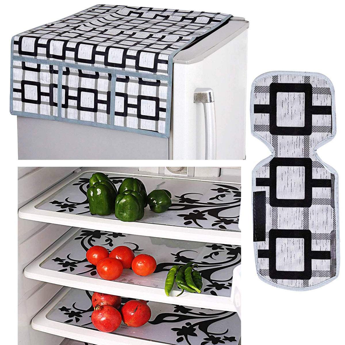 Kuber Industries Birds Design Combo of PVC 3 Pieces Fridge Mats, 1 Piece Handle Cover and 1 Piece Fridge Top Cover (Grey)-CTKTC028848