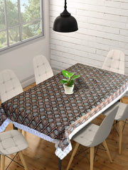 Heart Home Leaf Printed PVC 6 Seater Dinning Table Cover, Protector with White Lace Border, 60"x90" (Black & Brown)