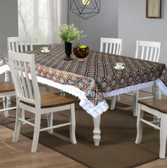 Heart Home Leaf Printed PVC 6 Seater Dinning Table Cover, Protector with White Lace Border, 60"x90" (Black & Brown)