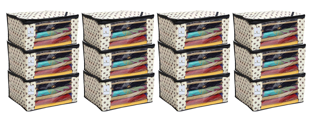 Kuber Industries Black Polka Dot 12 Piece Non Woven Saree Cover, Large, Ivory-CTKTC014127