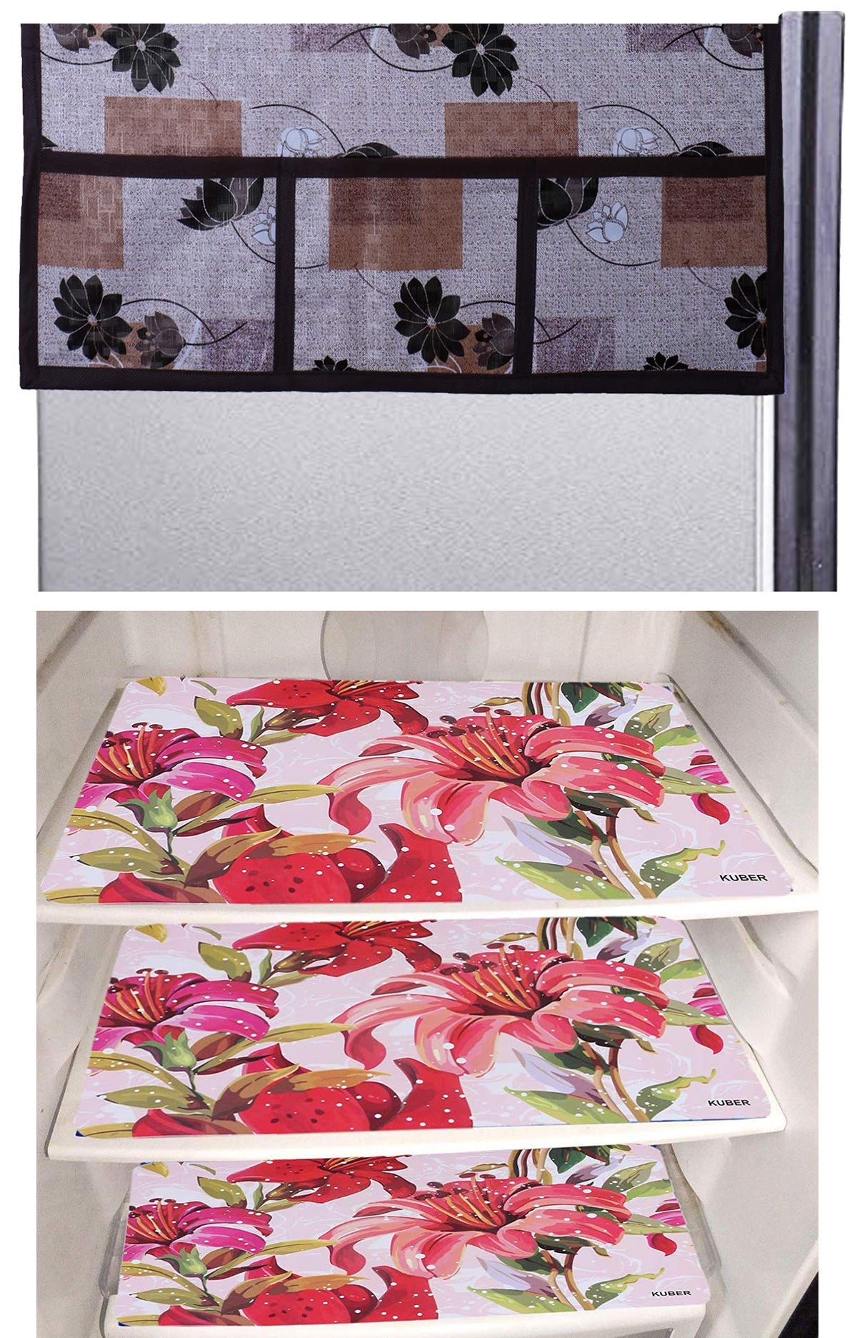 Heart Home Flower Design 3 Pieces PVC Fridge Mats and Flower Design 1 Piece Fridge Top Cover (Brown) - CTHH6625