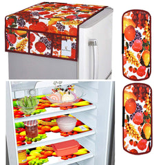 Kuber Industries Fruits Design 3 Pieces PVC Fridge Mats, 2 Piece Handle Cover and 1 Piece Fridge Top Cover (Red & White)-KUBMART02851