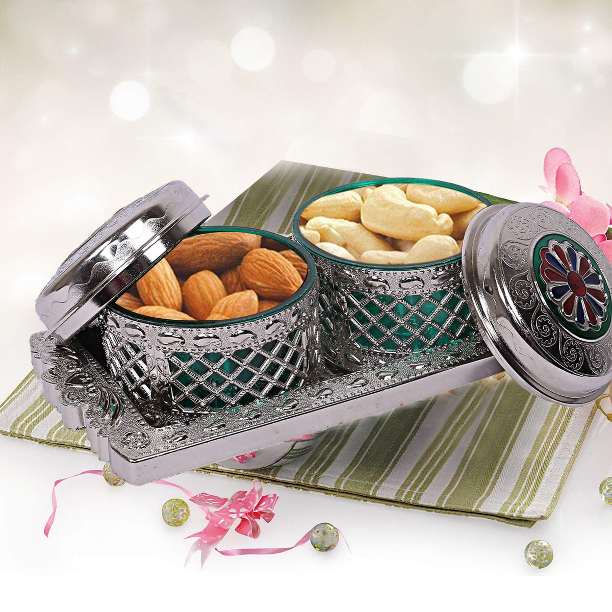 Kuber Industries Dry Fruits Tray with Two Bowls (Silver) -CTLTC12629,Standard