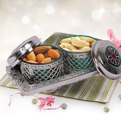 Kuber Industries Dry Fruits Tray with Two Bowls (Silver) -CTLTC12629,Standard