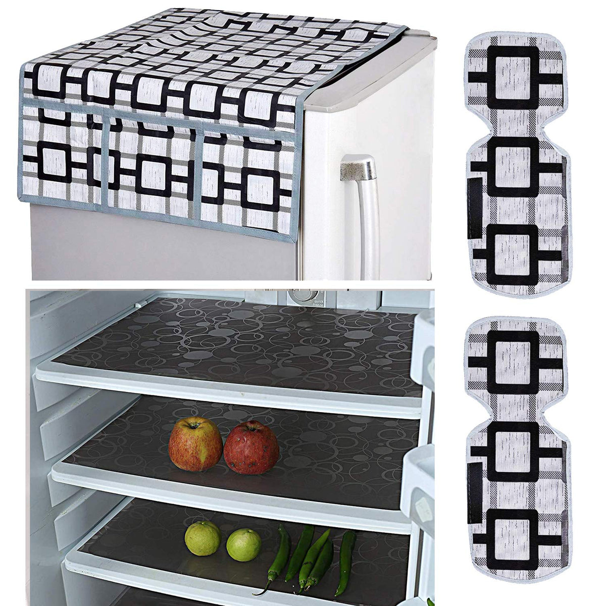 Kuber Industries Checked Design Combo PVC 3 Pieces Fridge Mats, 2 Piece Handle Cover and 1 Piece Fridge Top Cover(Grey)