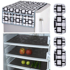 Kuber Industries Checked Design Combo PVC 3 Pieces Fridge Mats, 2 Piece Handle Cover and 1 Piece Fridge Top Cover(Grey)