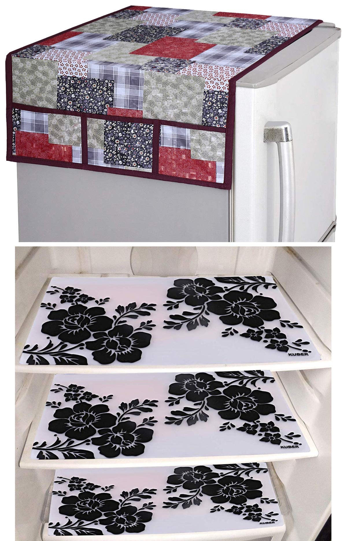 Kuber Industries Flower Design 3 Pieces PVC Fridge Mats and 3D Checkered Design 1 Piece Fridge Top Cover (Maroon) - CTKTC039761
