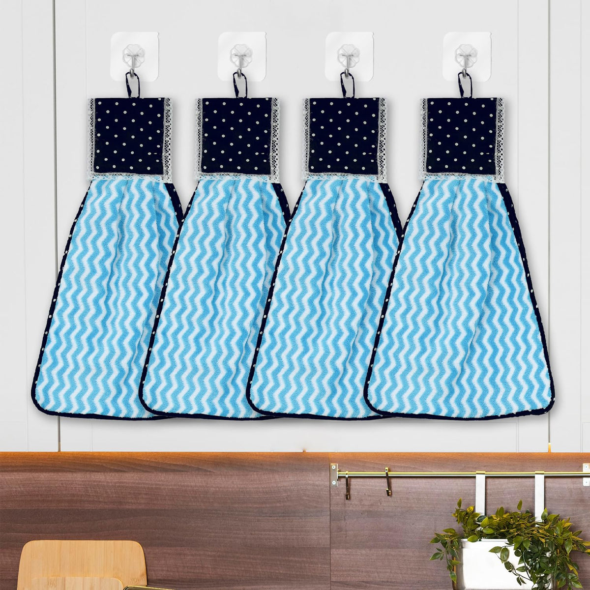 Kuber Industries Napkin | Washbasin Hanging Napkin | Kitchen Towel with Ties | Napkin for Kitchen | Zig Zag Napkin for Bathroom | Hand Towel for Kitchen | Pack of 4 | Blue